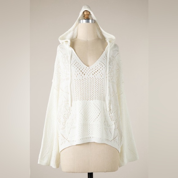 Sweaters - Ivory Crochet Multi Knit Pattern Hoodie With Pocket